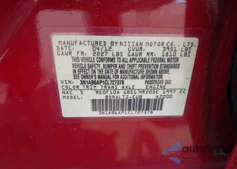 2012 Nissan Sentra 2.0 S from USA, damaged, VIN 3N1AB6AP1CL727378